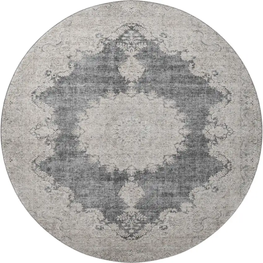 8' Black Beige And Gray Oriental Washable Round Rug With UV Protection Photo 3