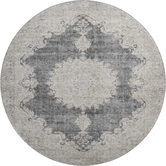 8' Black Beige And Gray Oriental Washable Round Rug With UV Protection Photo 1