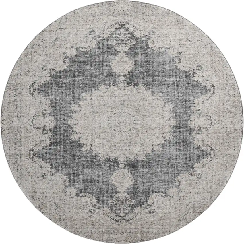 8' Black Beige And Gray Oriental Washable Round Rug With UV Protection Photo 1