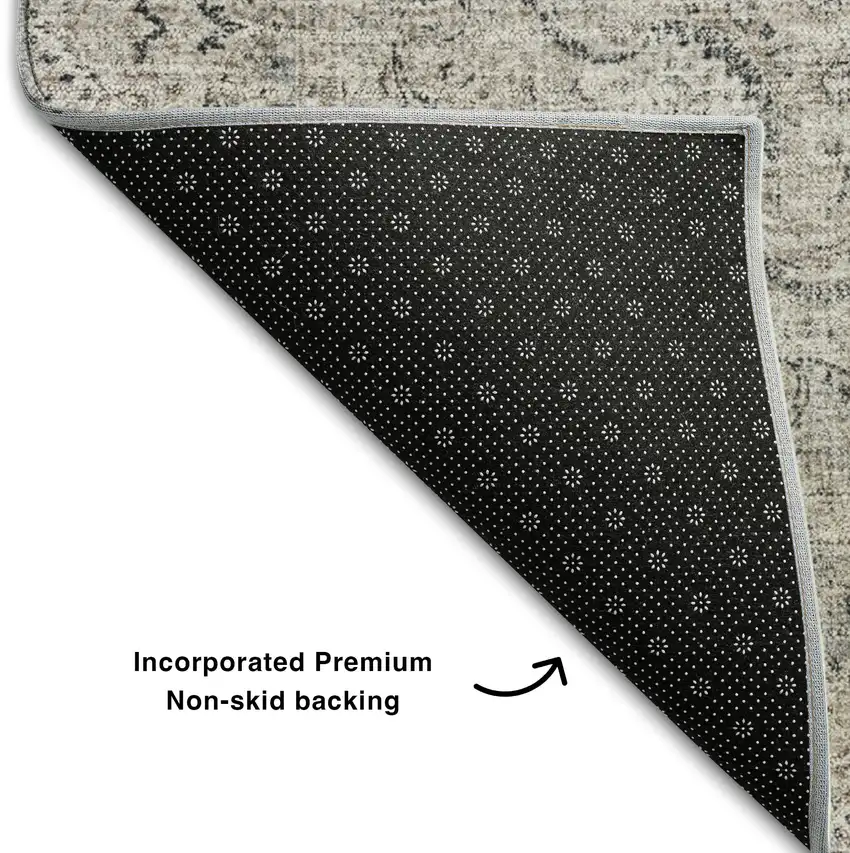 8' Black Beige And Gray Oriental Washable Round Rug With UV Protection Photo 5