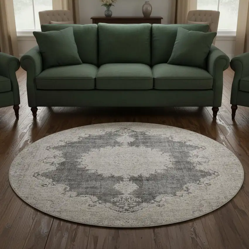 8' Black Beige And Gray Oriental Washable Round Rug With UV Protection Photo 2