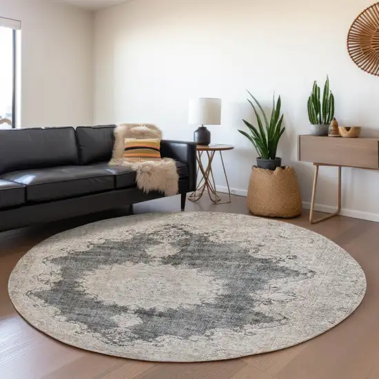 8' Black Beige And Gray Oriental Washable Round Rug With UV Protection Photo 4