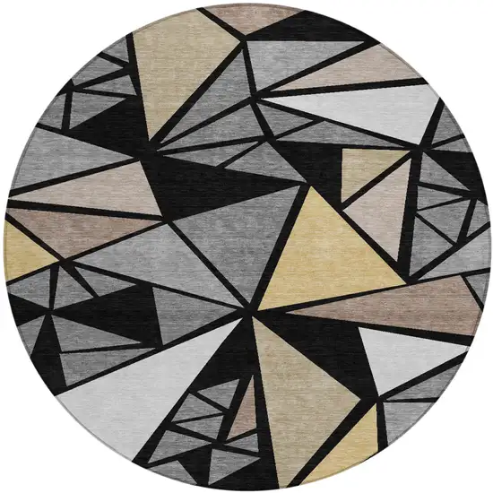 8' Black Beige And Gray Round Geometric Washable Indoor Outdoor Area Rug Photo 2