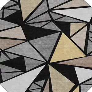 Photo of 8' Black Beige And Gray Round Geometric Washable Indoor Outdoor Area Rug