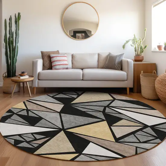 8' Black Beige And Gray Round Geometric Washable Indoor Outdoor Area Rug Photo 8