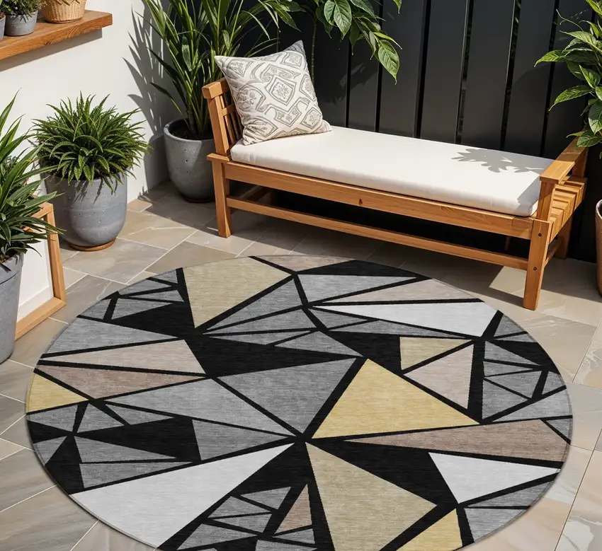 8' Black Beige And Gray Round Geometric Washable Indoor Outdoor Area Rug Photo 1