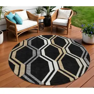 Photo of 8' Black Beige And Gray Round Geometric Washable Indoor Outdoor Area Rug