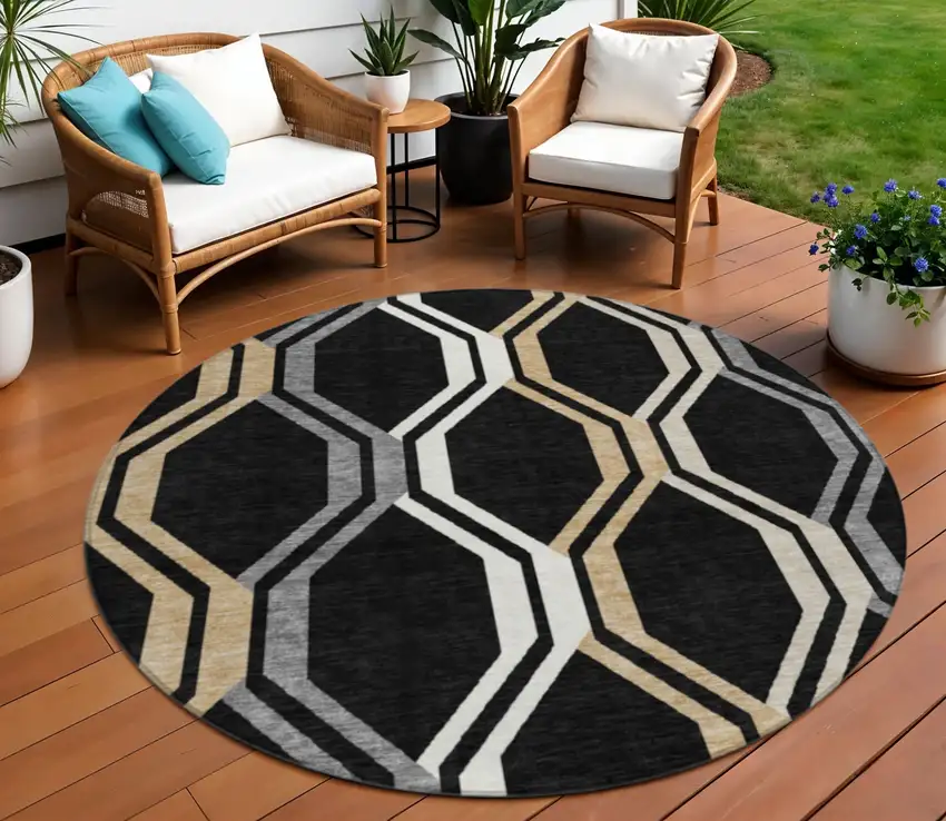 8' Black Beige And Gray Round Geometric Washable Indoor Outdoor Area Rug Photo 1