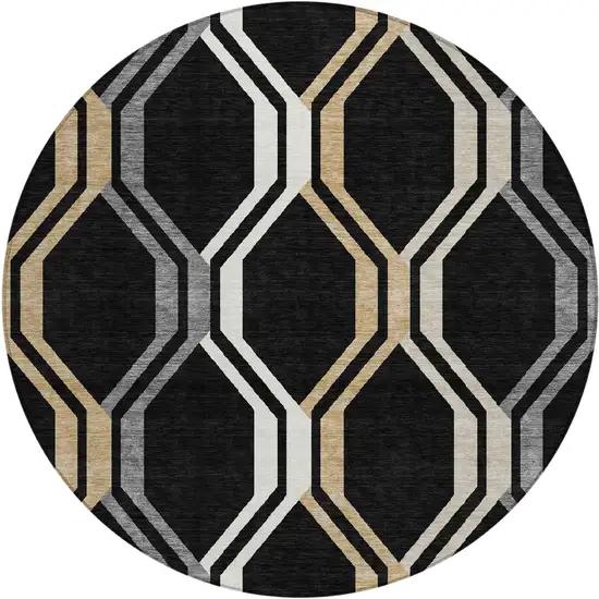8' Black Beige And Gray Round Geometric Washable Indoor Outdoor Area Rug Photo 2