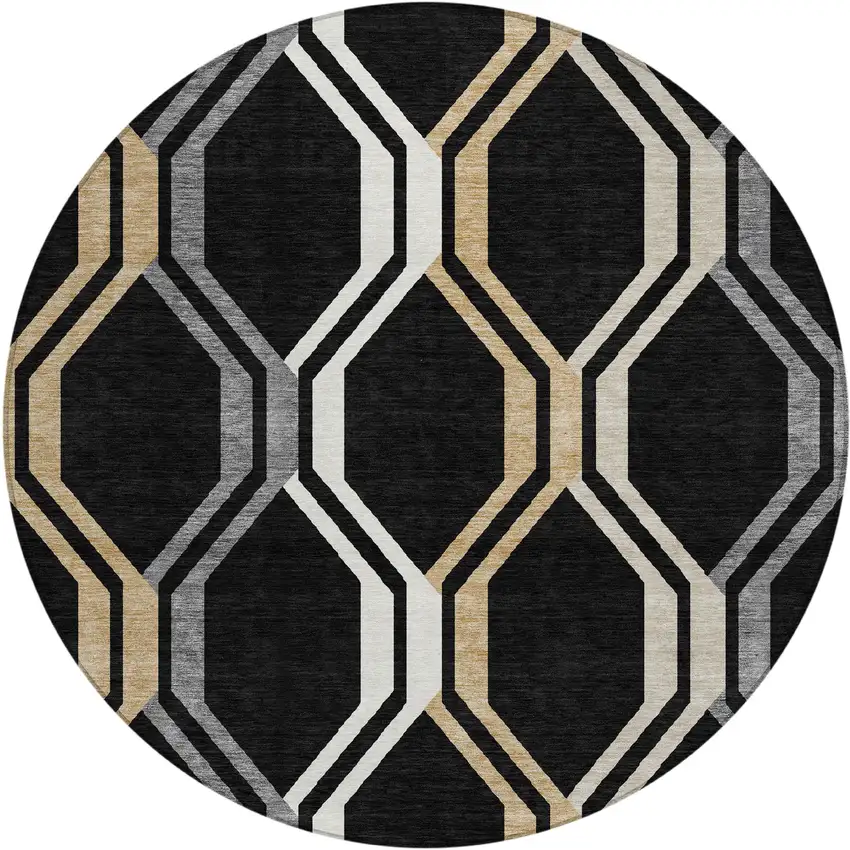 8' Black Beige And Gray Round Geometric Washable Indoor Outdoor Area Rug Photo 2