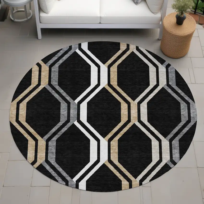 8' Black Beige And Gray Round Geometric Washable Indoor Outdoor Area Rug Photo 9