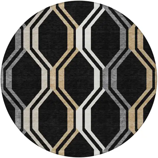 8' Black Beige And Gray Round Geometric Washable Indoor Outdoor Area Rug Photo 5