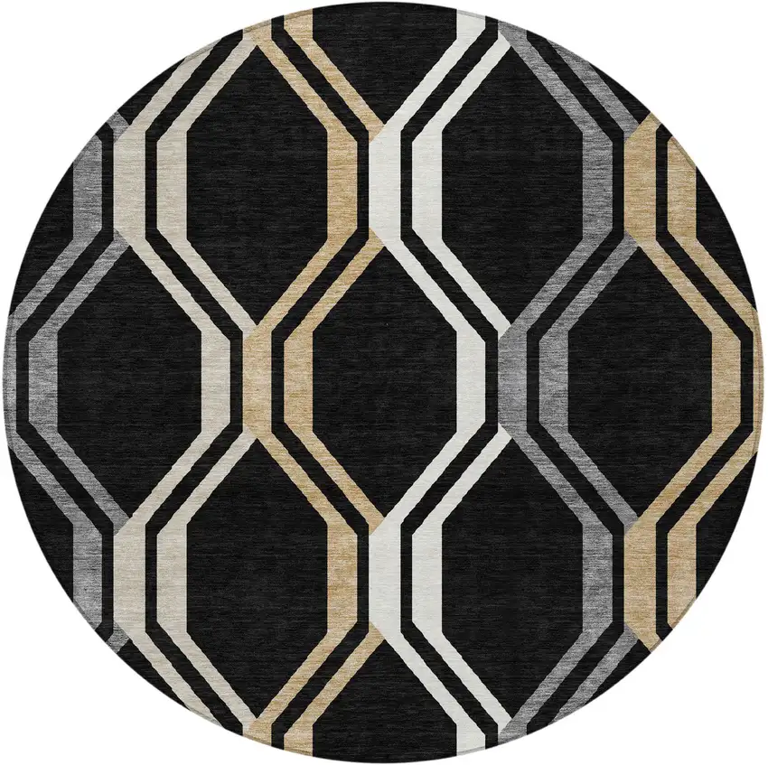 8' Black Beige And Gray Round Geometric Washable Indoor Outdoor Area Rug Photo 5