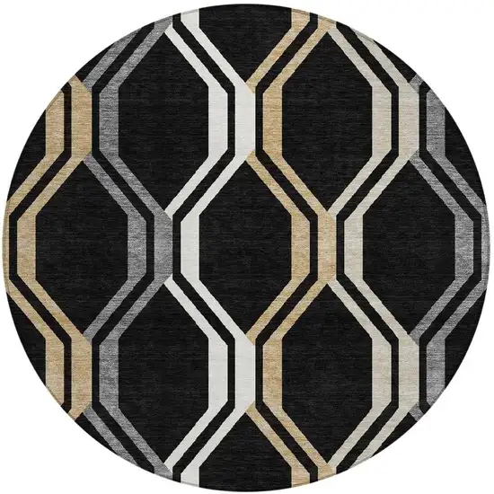 8' Black Beige And Gray Round Geometric Washable Indoor Outdoor Area Rug Photo 4