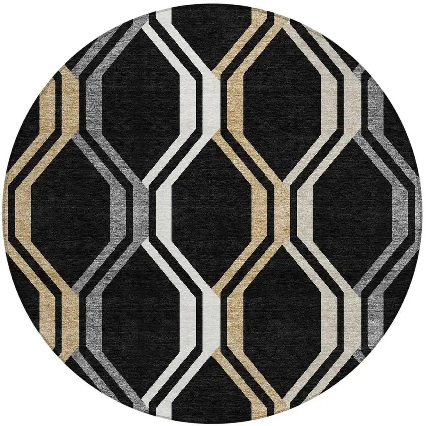 8' Black Beige And Gray Round Geometric Washable Indoor Outdoor Area Rug Photo 4