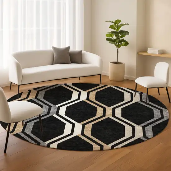 8' Black Beige And Gray Round Geometric Washable Indoor Outdoor Area Rug Photo 9