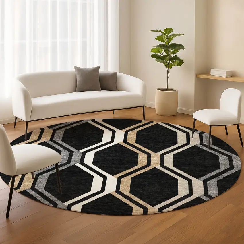 8' Black Beige And Gray Round Geometric Washable Indoor Outdoor Area Rug Photo 9