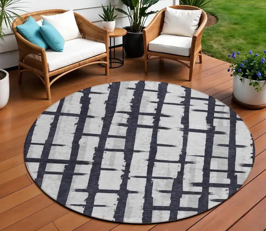 8' Black Beige And Gray Round Striped Washable Indoor Outdoor Area Rug Photo 1