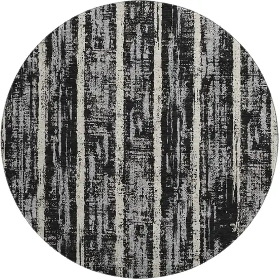 8' Black Beige And Gray Striped Washable Round Rug With UV Protection Photo 1