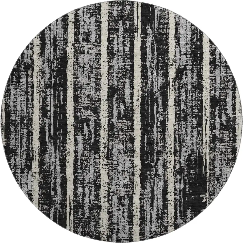 8' Black Beige And Gray Striped Washable Round Rug With UV Protection Photo 1