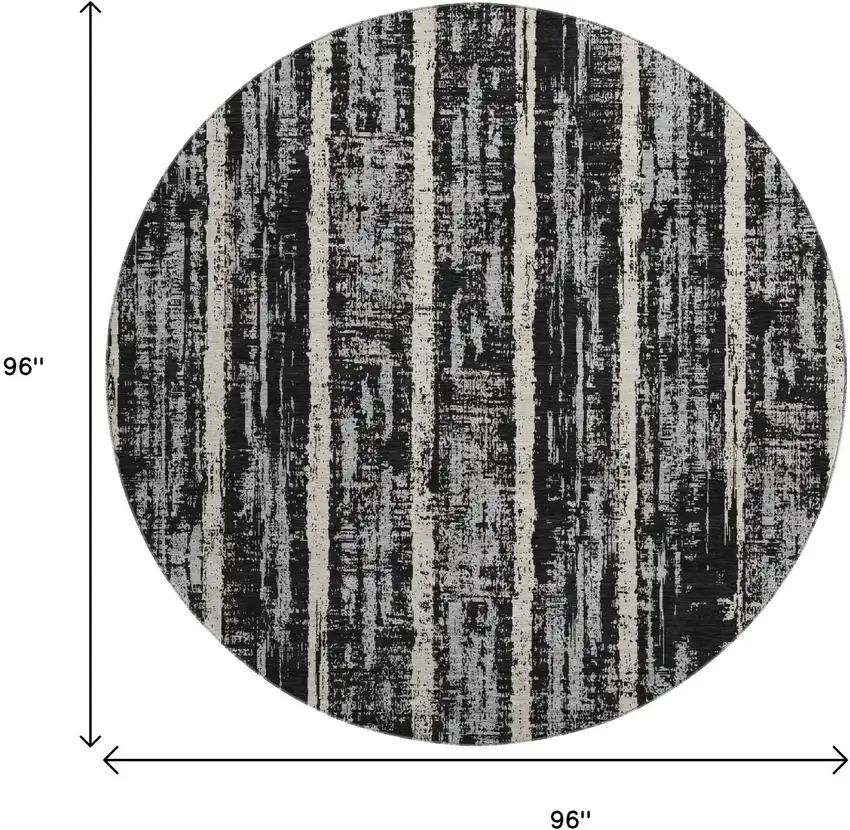 8' Black Beige And Gray Striped Washable Round Rug With UV Protection Photo 9