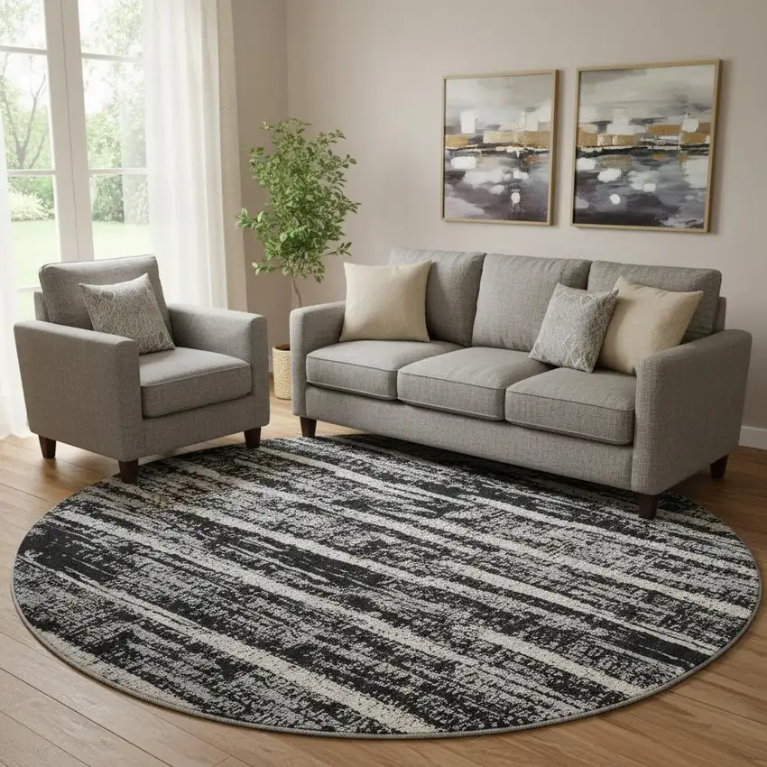 8' Black Beige And Gray Striped Washable Round Rug With UV Protection Photo 1