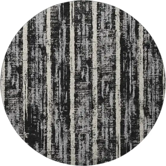 8' Black Beige And Gray Striped Washable Round Rug With UV Protection Photo 3