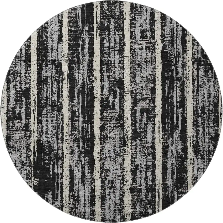 8' Black Beige And Gray Striped Washable Round Rug With UV Protection Photo 3