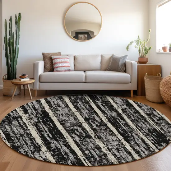 8' Black Beige And Gray Striped Washable Round Rug With UV Protection Photo 4