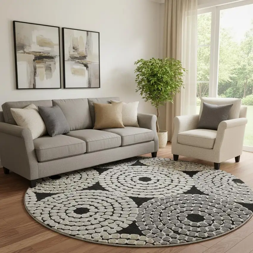 8' Black Beige And Ivory Geometric Washable Round Rug With UV Protection Photo 1