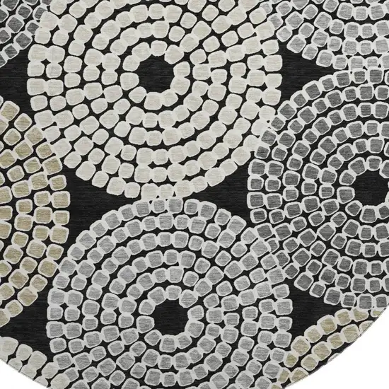 8' Black Beige And Ivory Geometric Washable Round Rug With UV Protection Photo 3
