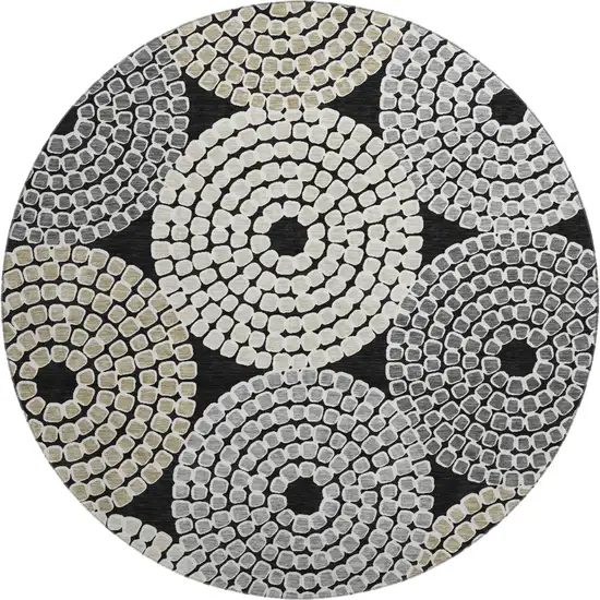 8' Black Beige And Ivory Geometric Washable Round Rug With UV Protection Photo 1