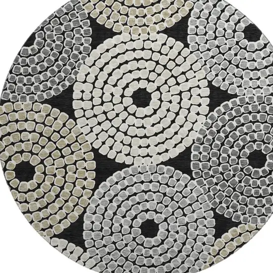8' Black Beige And Ivory Geometric Washable Round Rug With UV Protection Photo 4