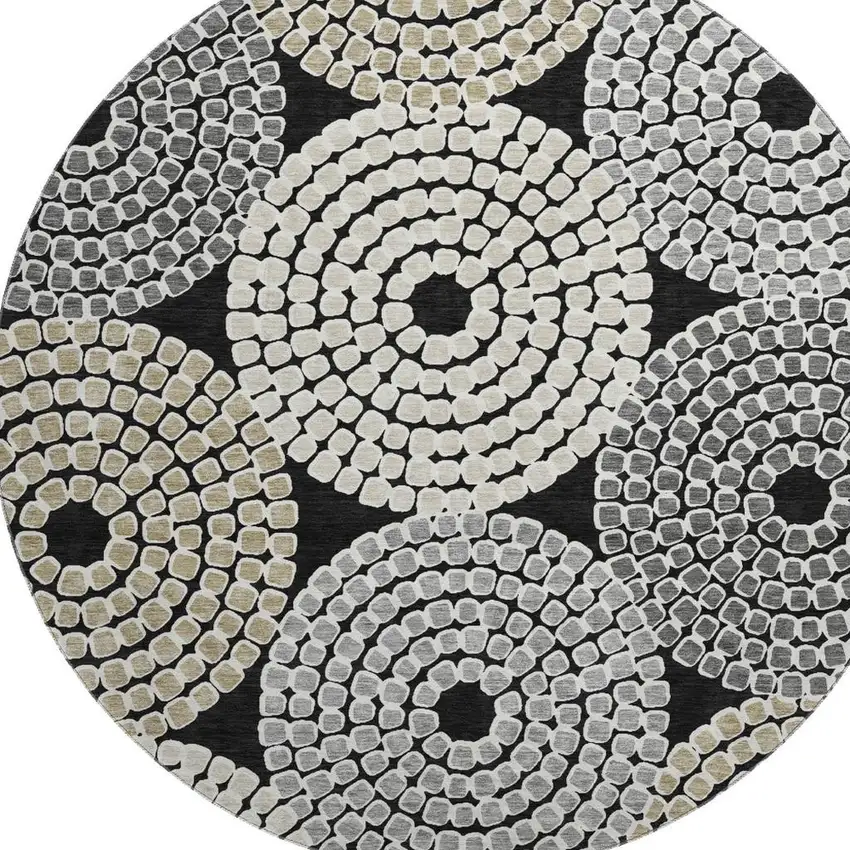 8' Black Beige And Ivory Geometric Washable Round Rug With UV Protection Photo 4