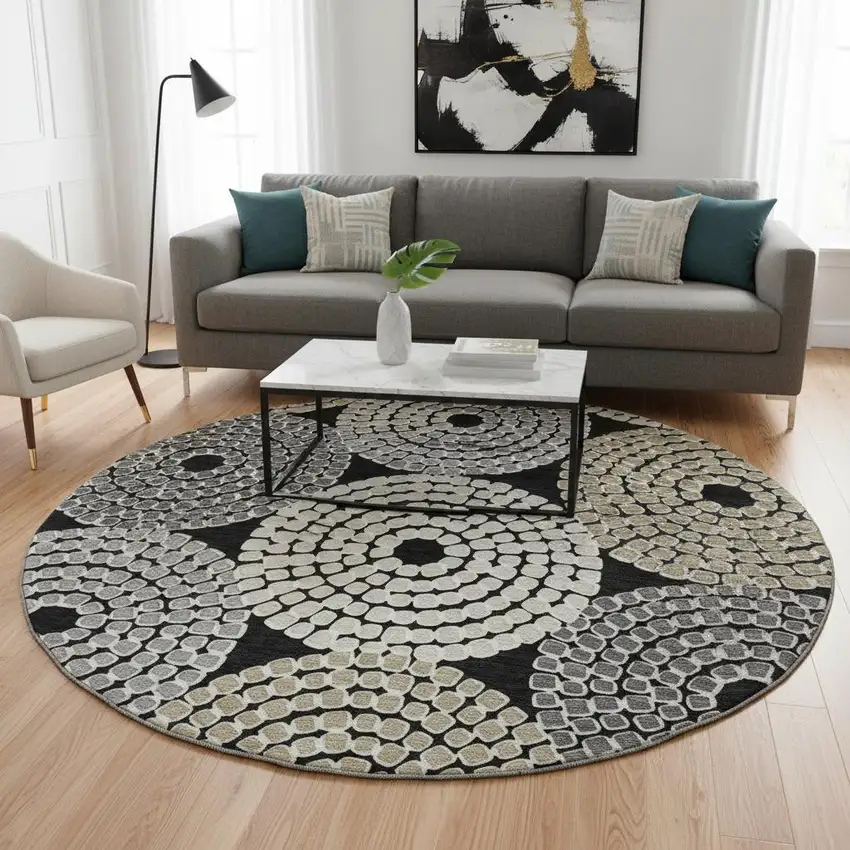 8' Black Beige And Ivory Geometric Washable Round Rug With UV Protection Photo 2