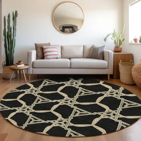 8' Black Beige And Ivory Geometric Washable Round Rug With UV Protection Photo 4