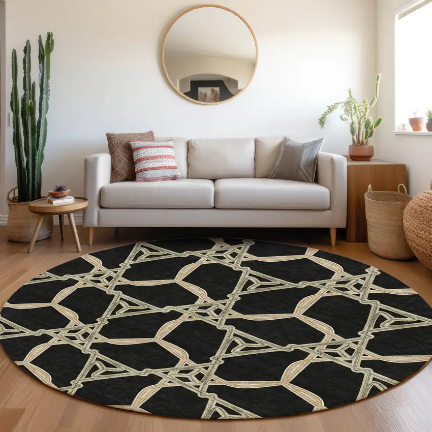 8' Black Beige And Ivory Geometric Washable Round Rug With UV Protection Photo 4