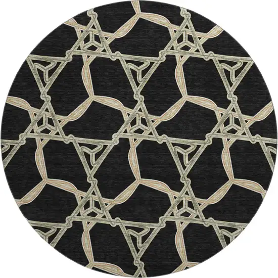 8' Black Beige And Ivory Geometric Washable Round Rug With UV Protection Photo 1