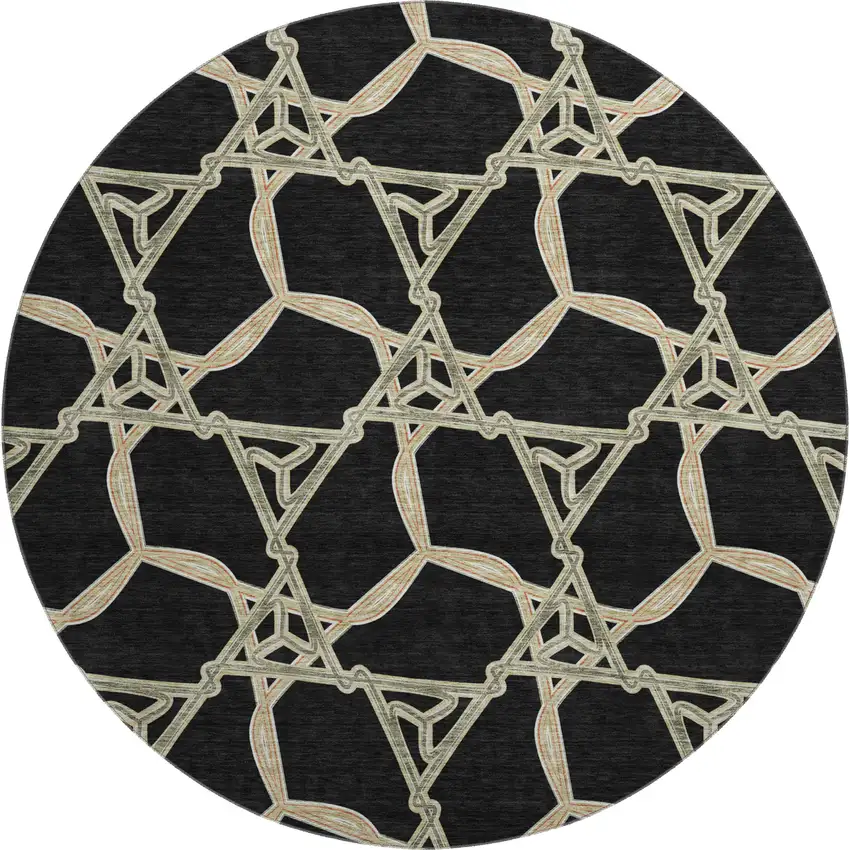 8' Black Beige And Ivory Geometric Washable Round Rug With UV Protection Photo 1