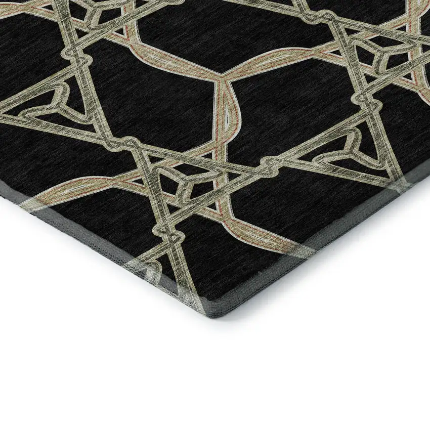 8' Black Beige And Ivory Geometric Washable Round Rug With UV Protection Photo 6