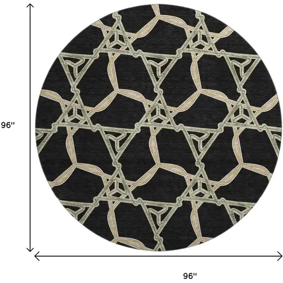8' Black Beige And Ivory Geometric Washable Round Rug With UV Protection Photo 9