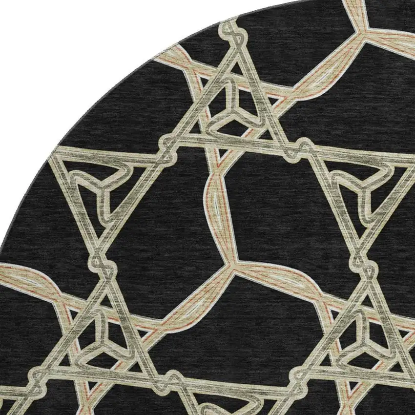 8' Black Beige And Ivory Geometric Washable Round Rug With UV Protection Photo 3