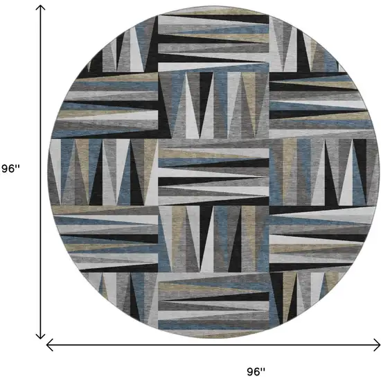 8' Black Beige And Ivory Geometric Washable Round Rug With UV Protection Photo 9