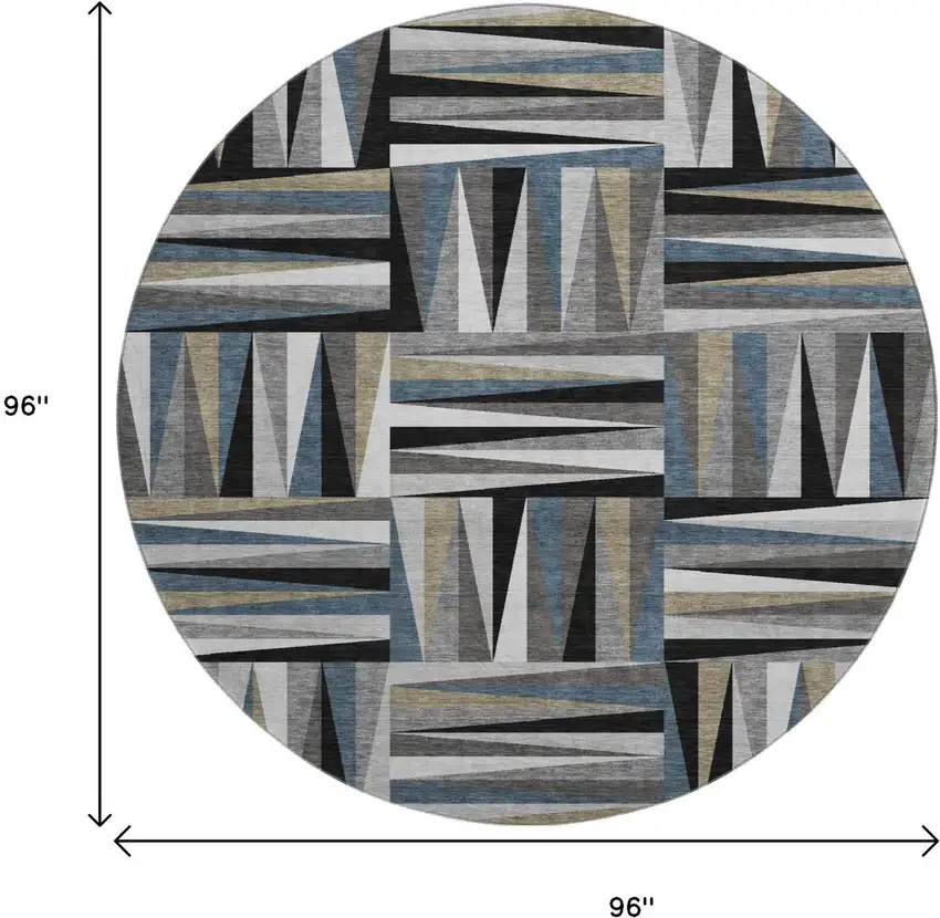 8' Black Beige And Ivory Geometric Washable Round Rug With UV Protection Photo 9