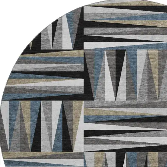 8' Black Beige And Ivory Geometric Washable Round Rug With UV Protection Photo 3