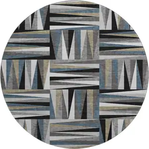 Photo of 8' Black Beige And Ivory Geometric Washable Round Rug With UV Protection