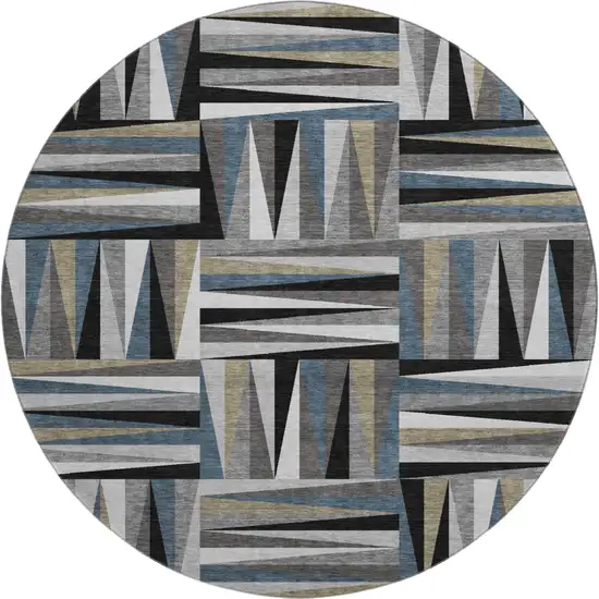 8' Black Beige And Ivory Geometric Washable Round Rug With UV Protection Photo 1