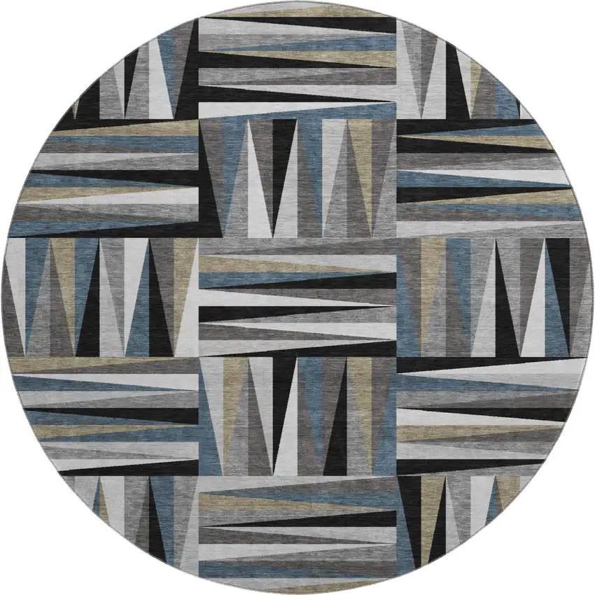 8' Black Beige And Ivory Geometric Washable Round Rug With UV Protection Photo 1