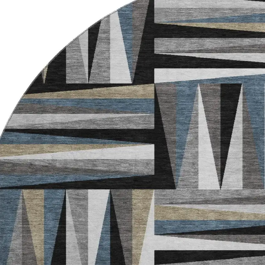 8' Black Beige And Ivory Geometric Washable Round Rug With UV Protection Photo 2