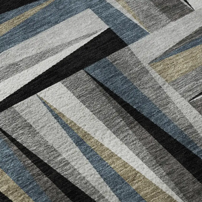 8' Black Beige And Ivory Geometric Washable Round Rug With UV Protection Photo 8